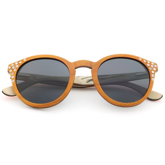 Wood Sunglasses with Gray Polarized Lens Wooden Veneer Frame with Rhinestones main image 7